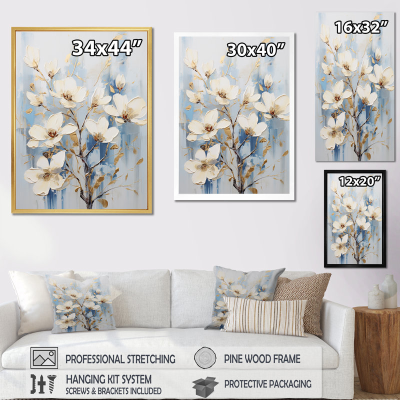 «White and Blue Magnolias Blossom IV», reproduction sur toile, Cadre simple argenté, H 20 po x l 12 po x P 1 po