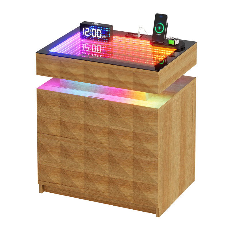 50cm W Bedside Table with 3D Mirror Abyss and Sensor RGB Lighting, 2-Drawer Bedside Table with Hidden Storage And Lockable