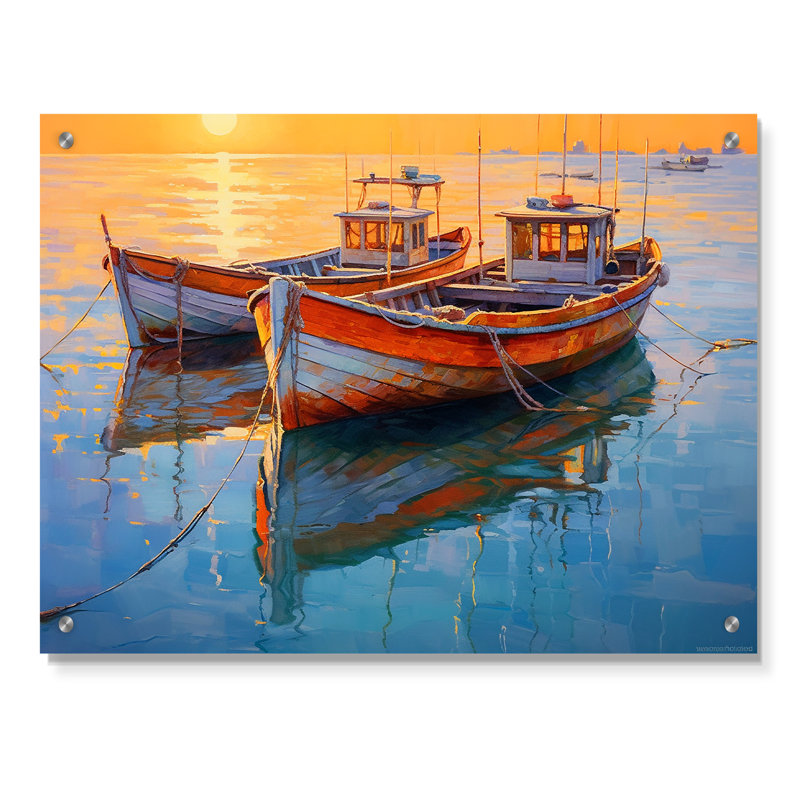 Deux bateaux dans le port III - art mural acrylique port côtier, H 16 po x l 32 po