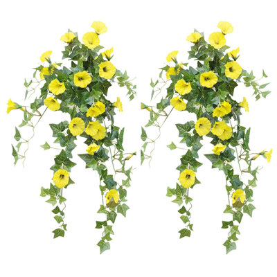 Paquet de 2 fleurs de vigne artificielles d'extérieur pour jardin, fleurs artificielles, gloires du matin artificielles, plantes suspendues, fausses fleurs pour la décoration intérieure de patio extérieur, A4