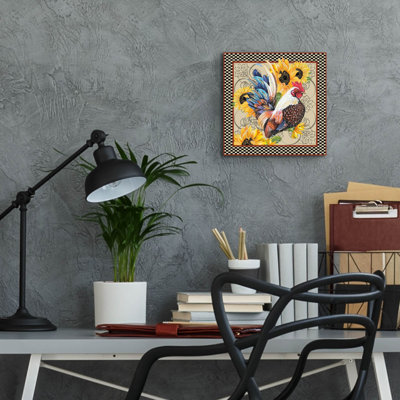 «Country Time Rooster B» par Jean Plout, art mural en verre acrylique, 12 po x 12 po