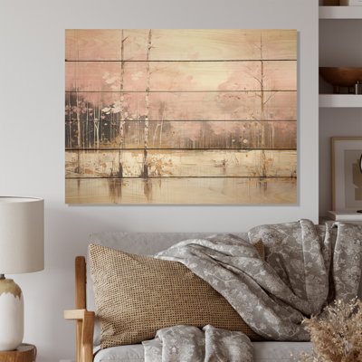 Minimalisme rose et forêt dorée I - forêt, art mural sur bois de pin naturel