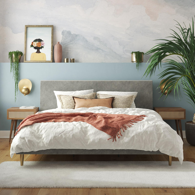 Daphne Upholstered Platform Bed, King, Light Gray Velvet