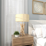 Lampe de table en bois de grève brun clair clair faite à la main 23 po avec abat-jour en lin crème