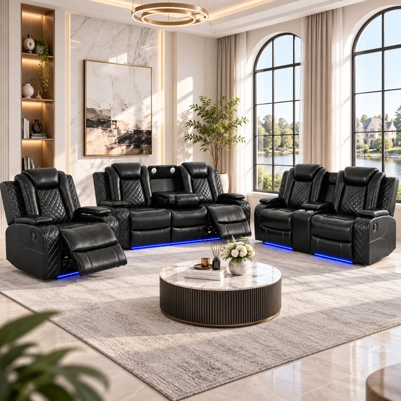 Ensemble de canapés inclinables électriques 3 pièces en similicuir haut de gamme pour salon