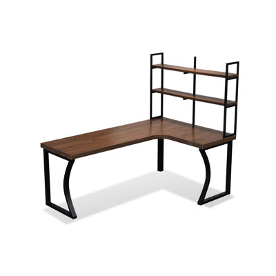 Nut-brown + Black L-Shaped Solid Wood + Iron desk