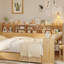 Lit de jour double en bois avec tablettes de rangement, lit multifonctionnel avec deux tiroirs de rangement et bureau d'étude-553096994