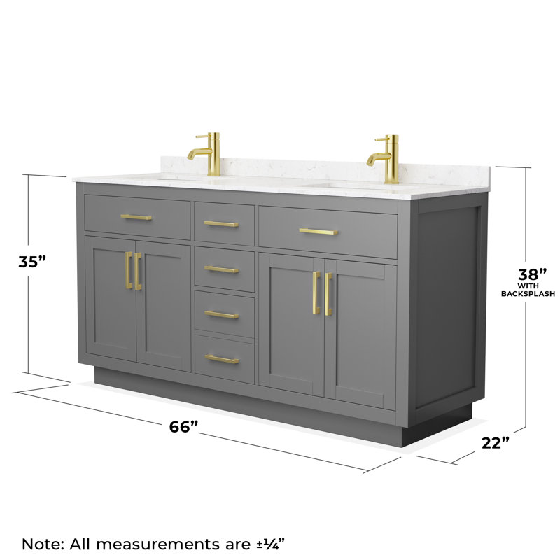 Beckett TK 66'' W Double Vanity, Carrara Cultured Marble, Brushed Gold, Dark Gray