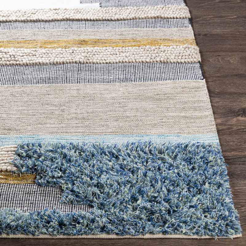 Tapis taupe/bleu fait main à tissage plat Chelsey, Rectangle 8 pi x 10 pi