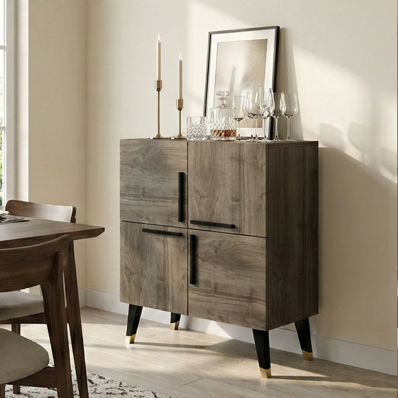 Aveline 4-Door Accent Cabinet Console Table with Tapered Gold-Tipped Legs
