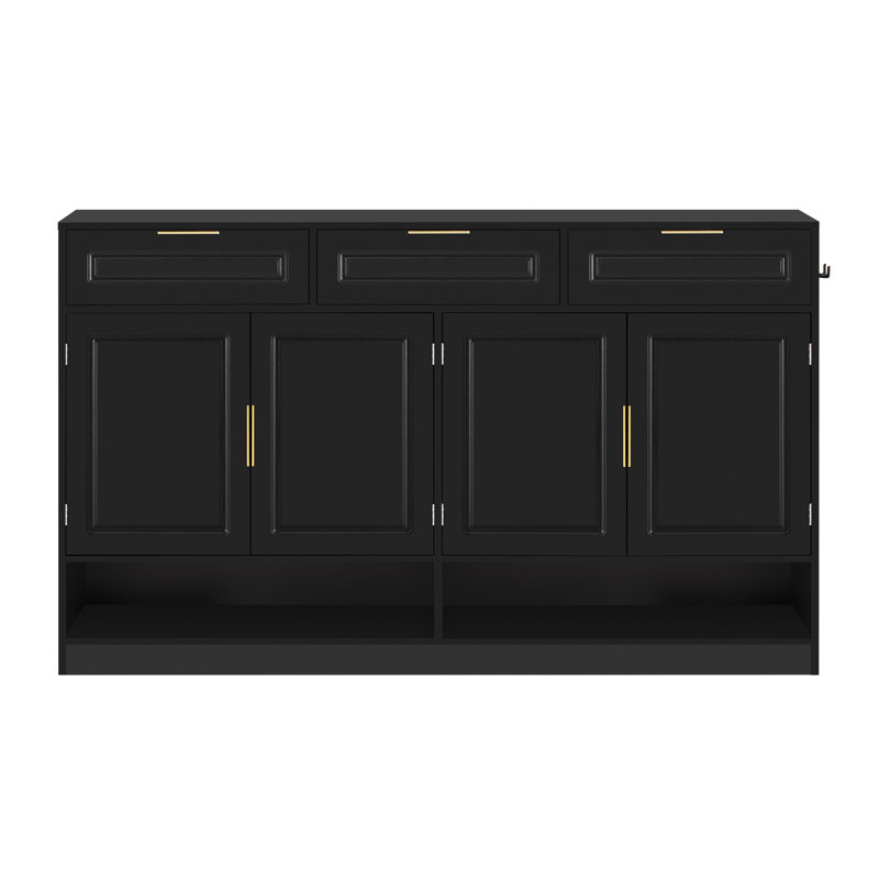 Farmhouse Sideboard Buffet, 59" Storage Cabinet with 3 Drawers, 4 Doors, Adjustable Shelf & Open Compartments, Black