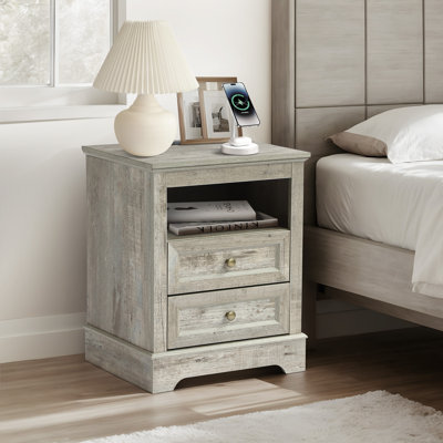 Farmhouse Nightstand with Charging Station, Side Table for Bedroom, Living Room