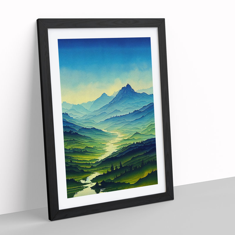 XV1022-3836X River Landscape Watercolour No.2 - Single Picture Frame Painting, Black, 64cm H x 46cm W x 2cm D