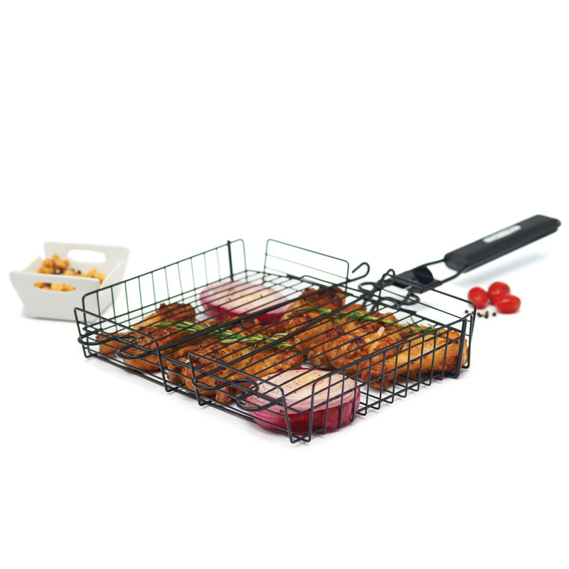 Non-Stick Black Steel Broiler Basket with Detachable Handle