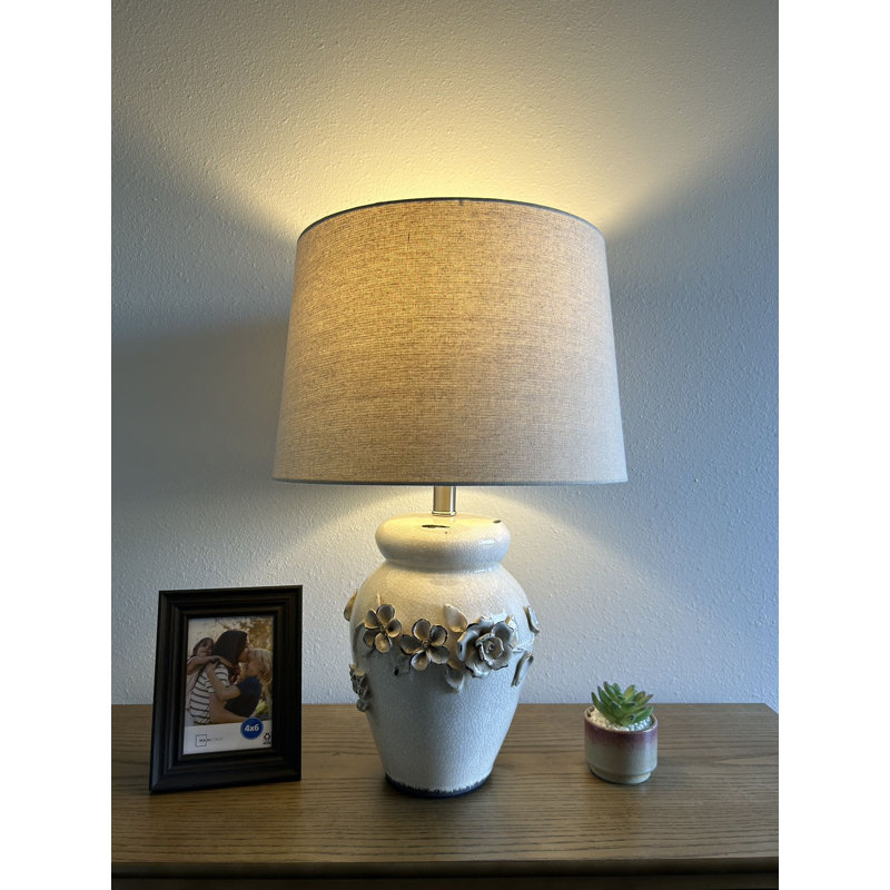 Ceramic table lamp Beige Flowers Distressed for Living Room Bedroom Bedside 15"W*15"D*24"H