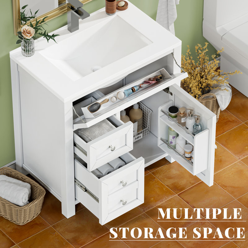 30'' Farmhouse Bathroom Vanity with Sink, Wood Stand Cabinet with Drawers, Multi-Functional Storage, White