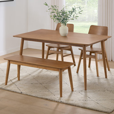 Calais 4 Piece Dining Table Set For 4 With Chairs and Bench - 59” Solid Wood Kitchen Table, Bench, And 2 Chairs - Mid Century Modern Furniture For Dining Room Or Kitchen (Pecan)