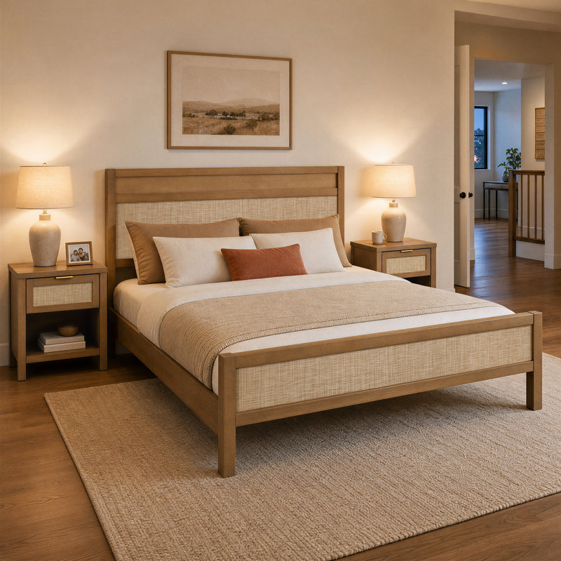 Ensemble de chambre bohème en rotin, 3 Pcs: Bed, 2 Nightstands