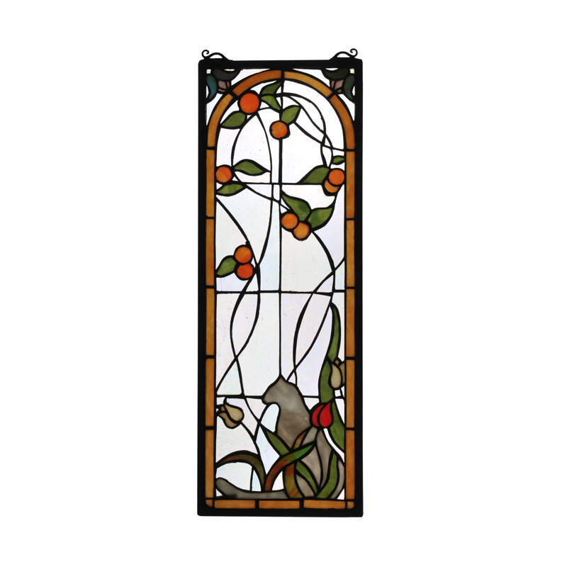 Tiffany Cat and Tulips Stained Glass Window