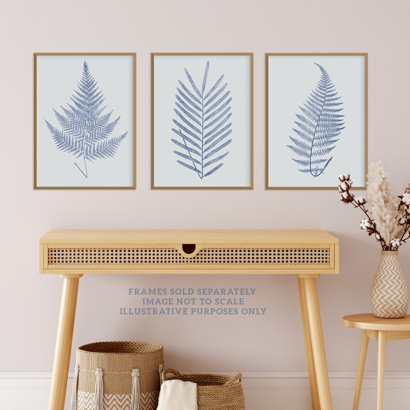 Elegant Calming Fern Leaf Frond Blue Grey Detailed Foliage Botanical - 3 Piece No Frame Print Set