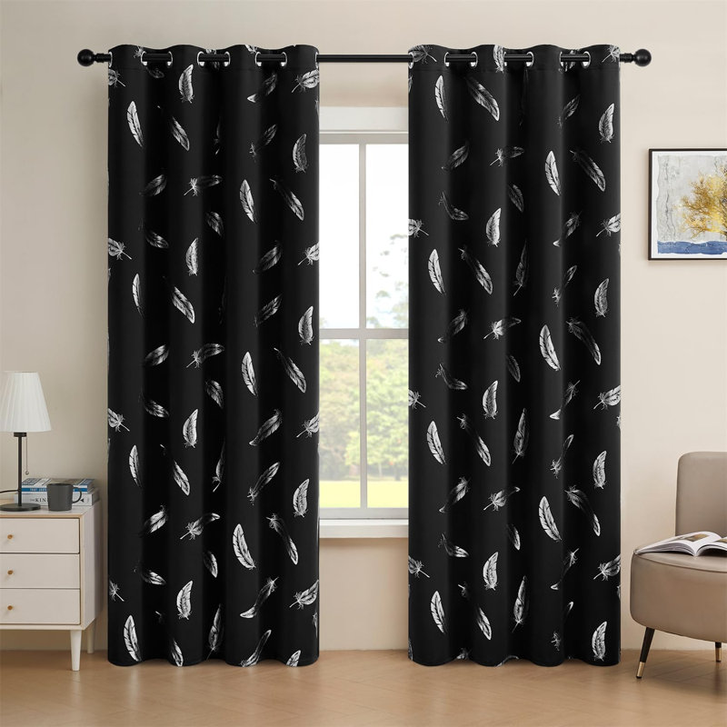 2‑Panel Blackout Curtains, Silver Foil Feather Print, 52"W x 84"L (Pack of 2), Black