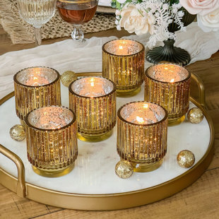 Set of 3 Amber Gold Crackle Mercury Glass Candle Holders