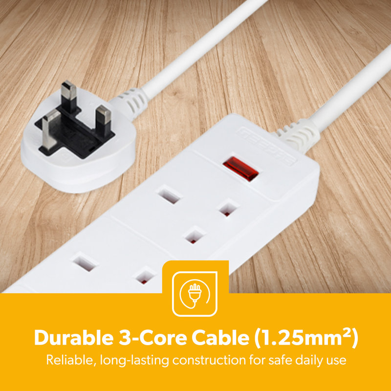 GEEPAS 3 Gang Extension Lead | 3-Way Plug Extension Cable | 3 Socket Power Strip with Neon Indicator Light | Heavy Duty UK Plug
