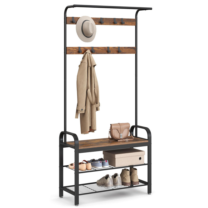 Entryway Bench With Coat Rack, 4-In-1, With 9 Removable Hooks, A Hanging Rod, 13.3 X 33.1 X 72.1 Inches, Rustic Brown And Black