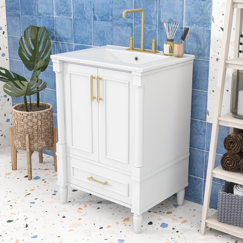 Meuble-lavabo peu encombrant avec lavabo en céramique, pieds en bois massif, charnières à fermeture en douceur et tablette réglable