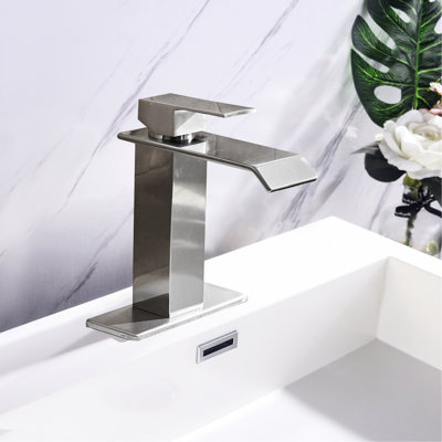 Brushed Nickel Waterfall Spout Bathroom Faucet For Easy Single Handle Operation Smooth Single