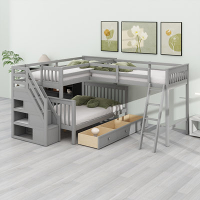 L-Shaped Bunk Bed With 3 Drawers, Ladder And Staircase