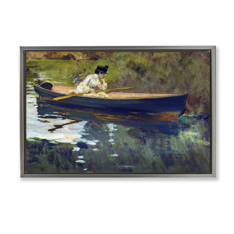 «Thoughtful Woman on Canoe Floater» par CAD Designs, Cadre flottant gris lustré, H 21 po x l 31 po