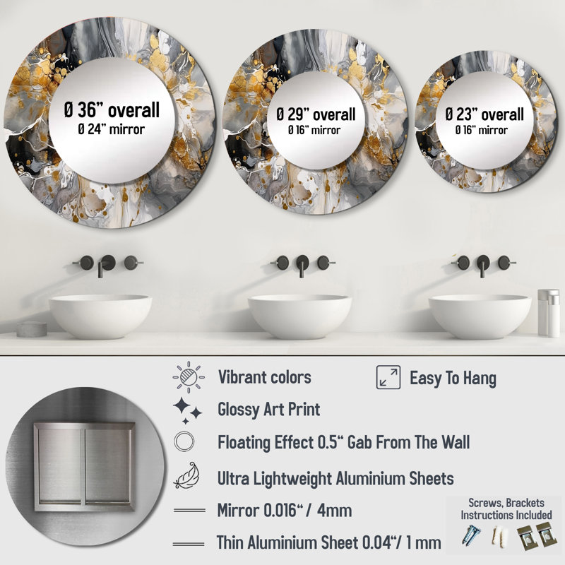 Sharvon Grey Gold Delicate Abstract Brushstrokes IV - Marble Large Mirror, Gray Round Decorative Wall Mirror, Printed Metal Art