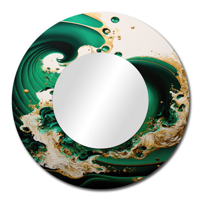 Stilu émeraude vert et or abstrait Waves I - miroir mural spirales abstraites, miroir décoratif rond moderne, impression d'art en métal