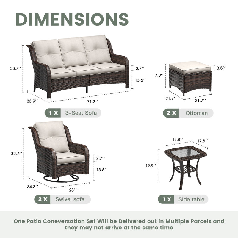 5-Person Patio Wicker Conversation Set with Cushions, 3 Seats Sofas, Swivel Rocker Chairs, Ottomans, Sand/Brown