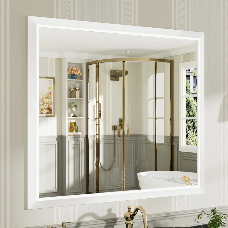 Miroirs de salle de bain modernes et contemporains en métal biseauté rectangulaire / carré avec verre trempé HD, Blanc