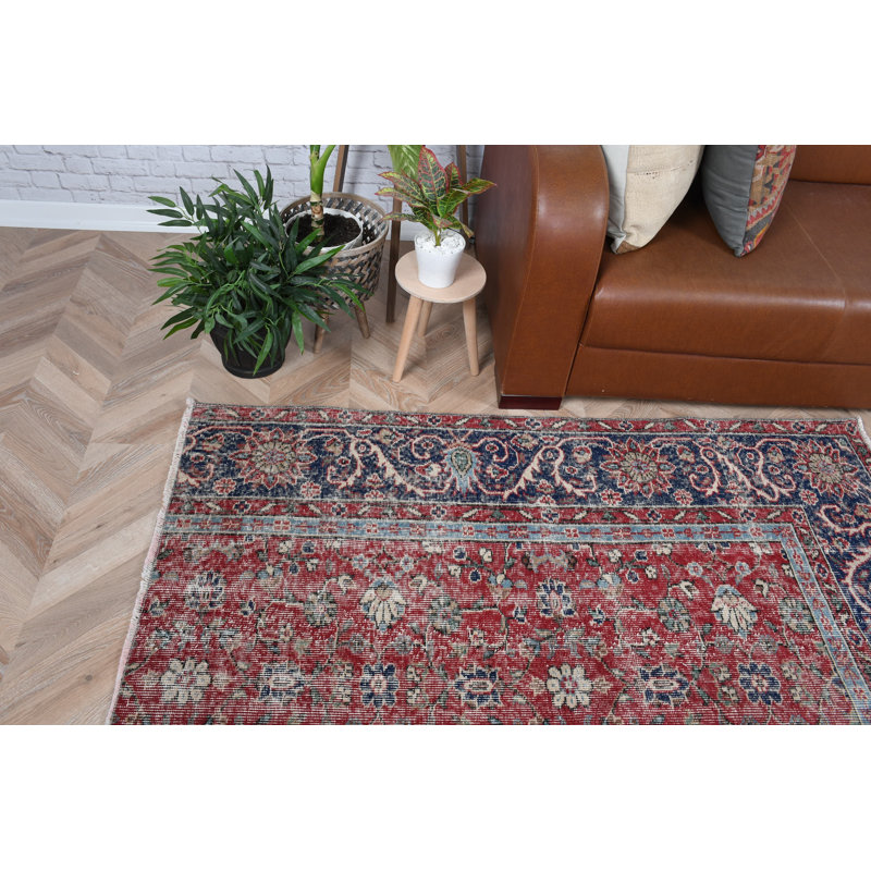 Grand tapis turc Oushak rétro rouge vif avec motif floral complexe pour le décor de la chambre à coucher