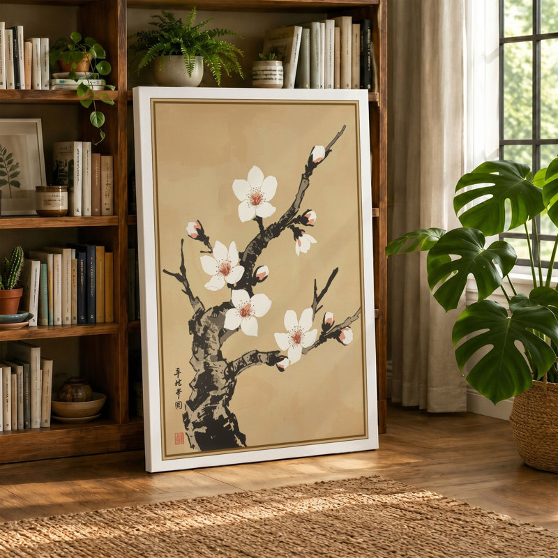 Blossoms on Branch Japandi - Wrapped Canvas, 18x12 - 45.7 x 30.5 cm, Teal Border