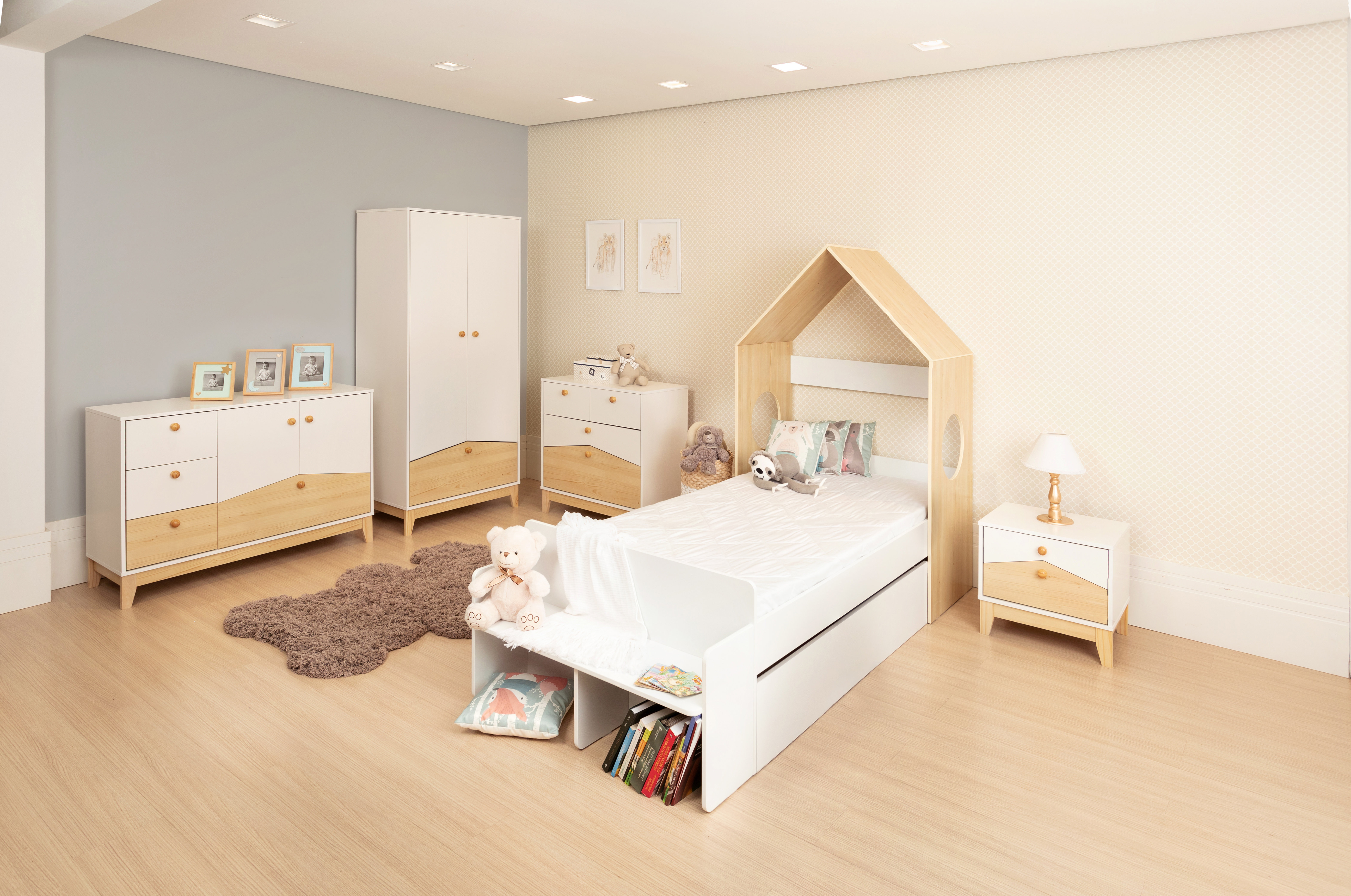 White bed store and wardrobe set