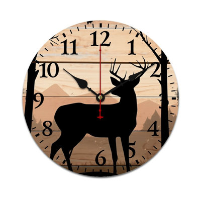 Horloge murale brune en forme de cerf à grain de bois rond, 12 po x 12 po, pour la décoration de salon