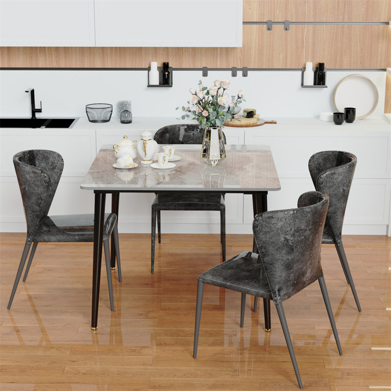 Annagh Stone Top Metal Base Dining Table, Gloss Gray, 29.9"H x 31.5" L x 31.5" W