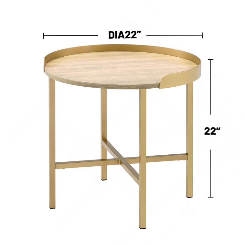 Table de bout ronde avec plateau, chêne et or