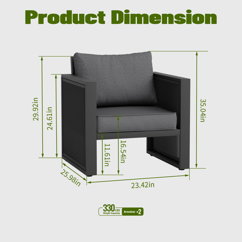 Fauteuil d'extérieur en aluminium 2 pièces avec coussin, avec cordon décoratif, Coussin gris / cadre noir