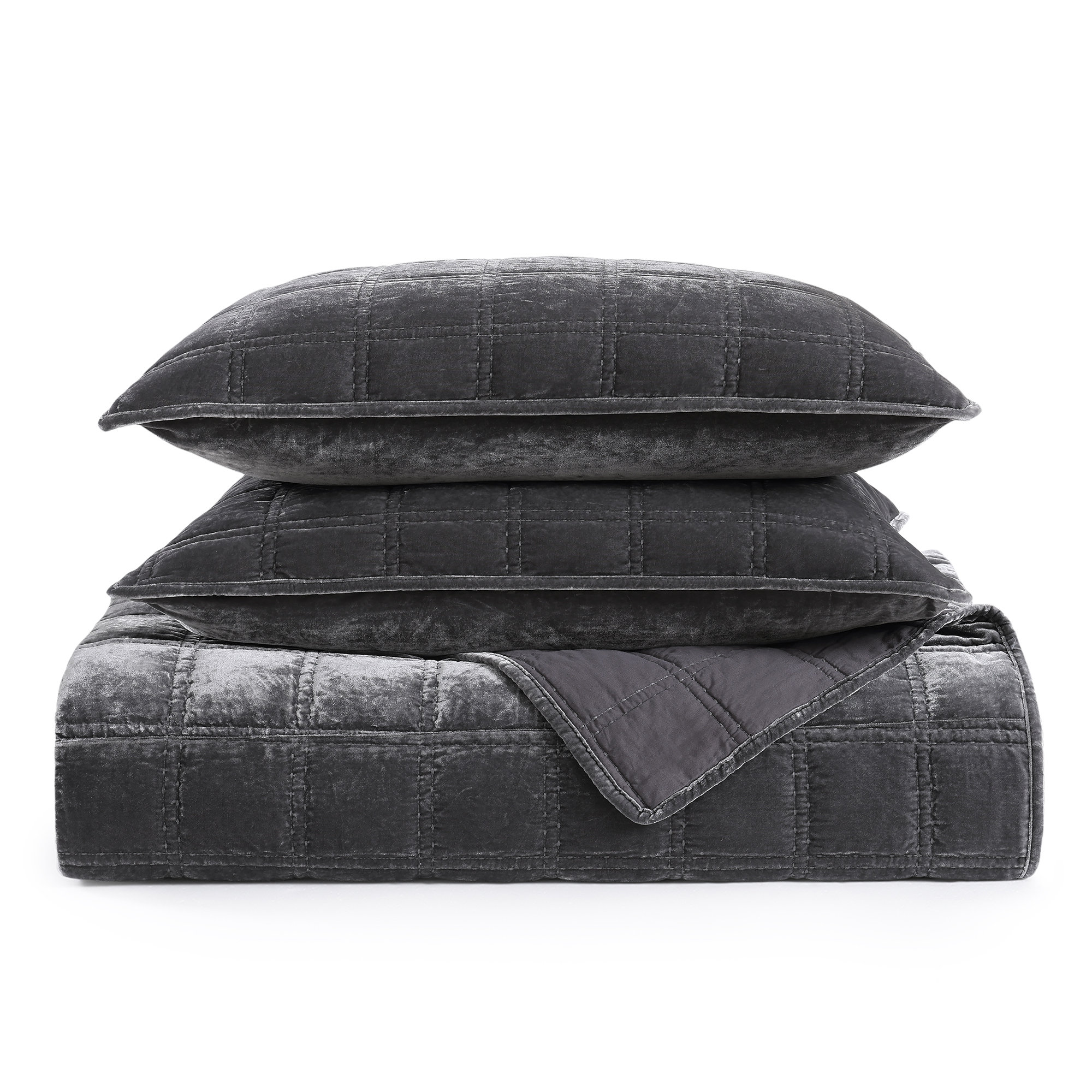 Stella Faux Silk Double Box Stitch Classic Chic Casual Modern Rustic Quilt Set, Slate, King Quilt + 2 King Pillowcases
