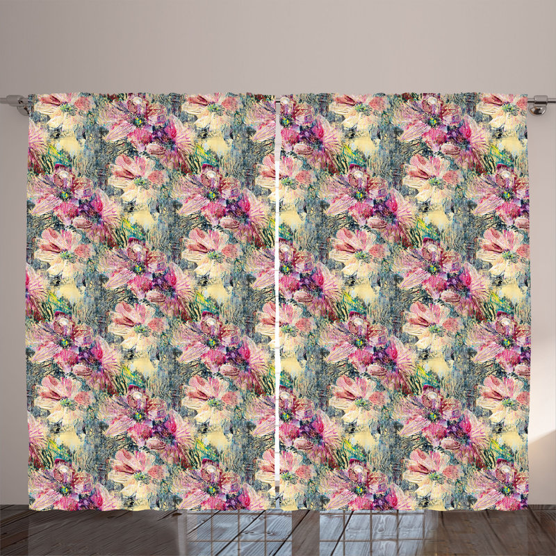 Rustic curtain, grunge flower meadow, floral design, pink pastel yellow