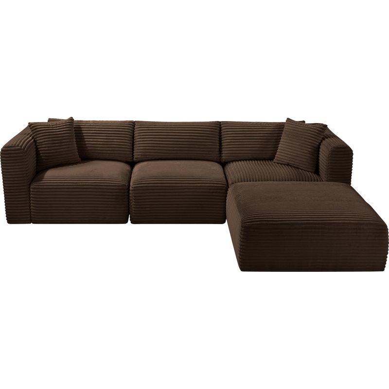 Canapé modulaire en L Carmean Performance, Velours côtelé texturé brun, 1 sans accoudoirs, 2 en coin, 1 repose-pieds