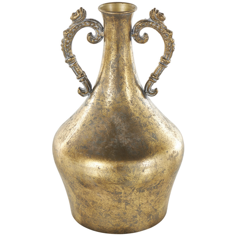 Pellot Metal Weathered Vintage Amphora Decorative Gold Vase with Ornate Scroll Handles