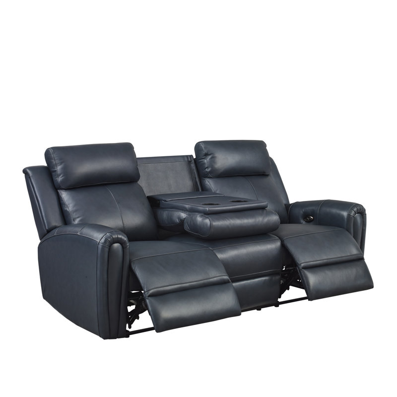 82''Wide Genuine Leather Power Reclining Sofa With Drop Down Table And 2 Cup Holders, Blue