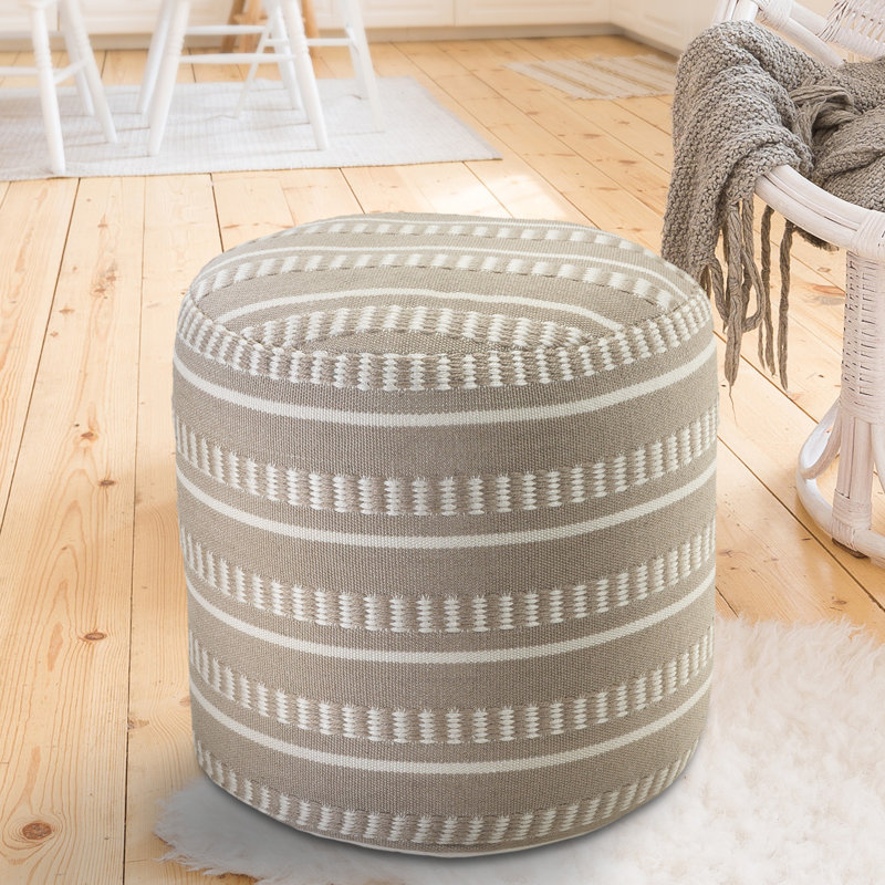 Lebo Coastal Striped Indoor/Outdoor Upholstered Pouf, Taupe/White