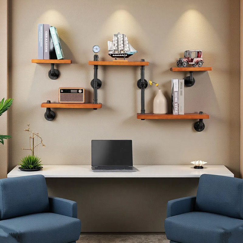 Industrial Pipe Shelving, Pipe Shelves With Wood Planks, Floating Shelves Wall Mounted, Retro Rustic Industrial Shelf For Bar Kitchen Living Room(5-Tier Ladder Shelves)